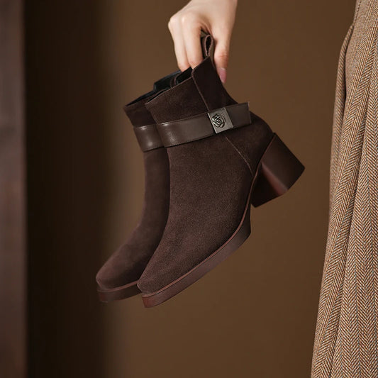 New  Women Genuine Leather  Chelsea Boots - Square  Heels Short Ankle Boots - ghoddosh.com