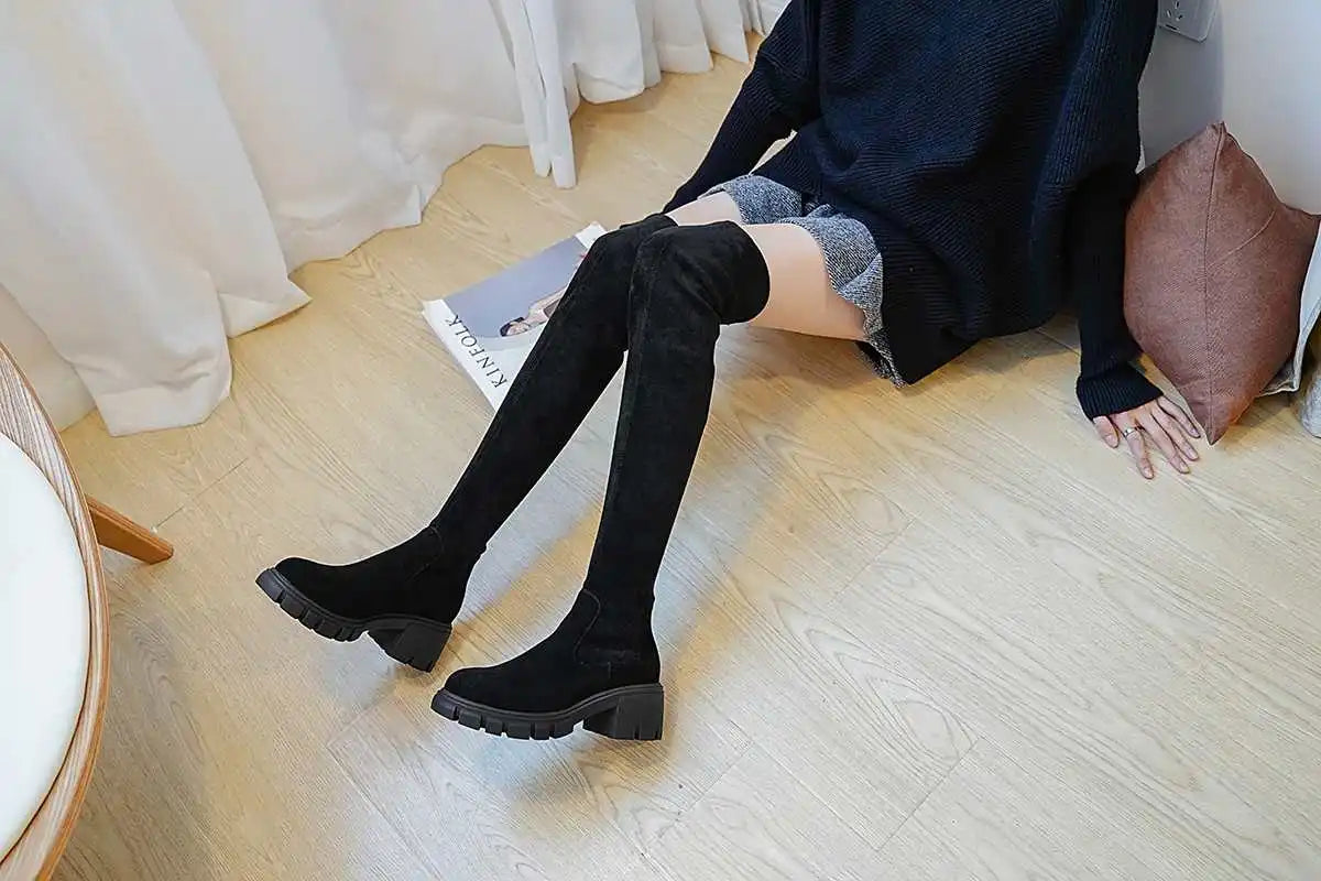 Big Size Cow Leather Stretch Over-the-knee Boots - Ghoddosh