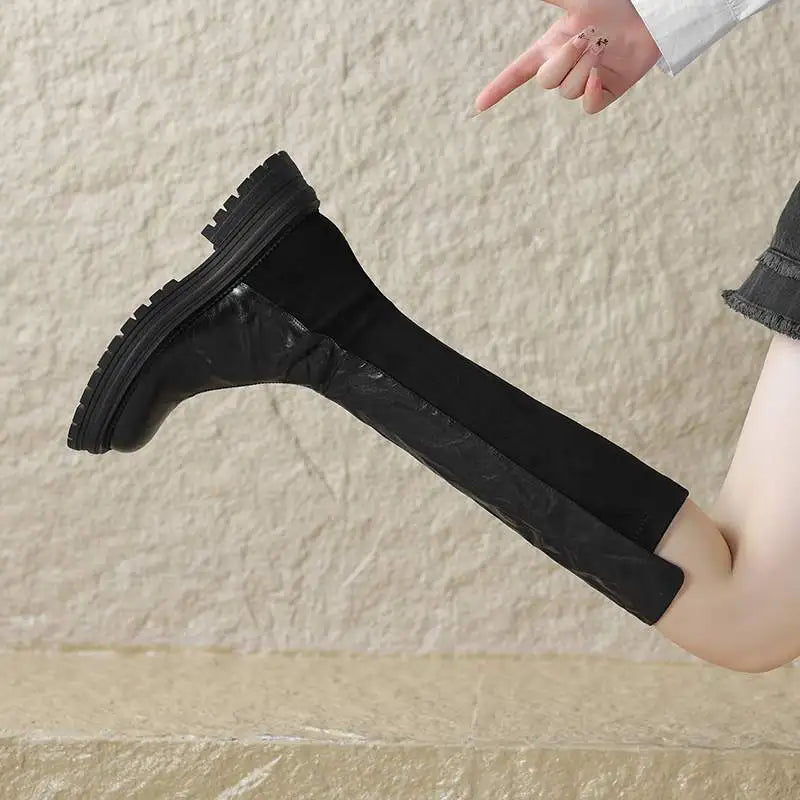 Vintage Sheep Leather Round Toe Winter  Equestrian Boots   Med Heels Slip On Platform Punk Thigh High Boots - Ghoddosh