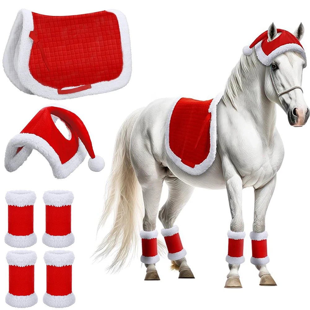 6Pcs Christmas Santa Red Horse Hat & Leg Wraps & Horse Saddle Santa Hat Leg Wraps Western Saddle Pad for Christmas Horses Décor @ghoddosh.com
