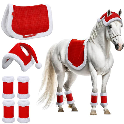 6Pcs Christmas Santa Red Horse Hat & Leg Wraps & Horse Saddle Santa Hat Leg Wraps Western Saddle Pad for Christmas Horses Décor @ghoddosh.com
