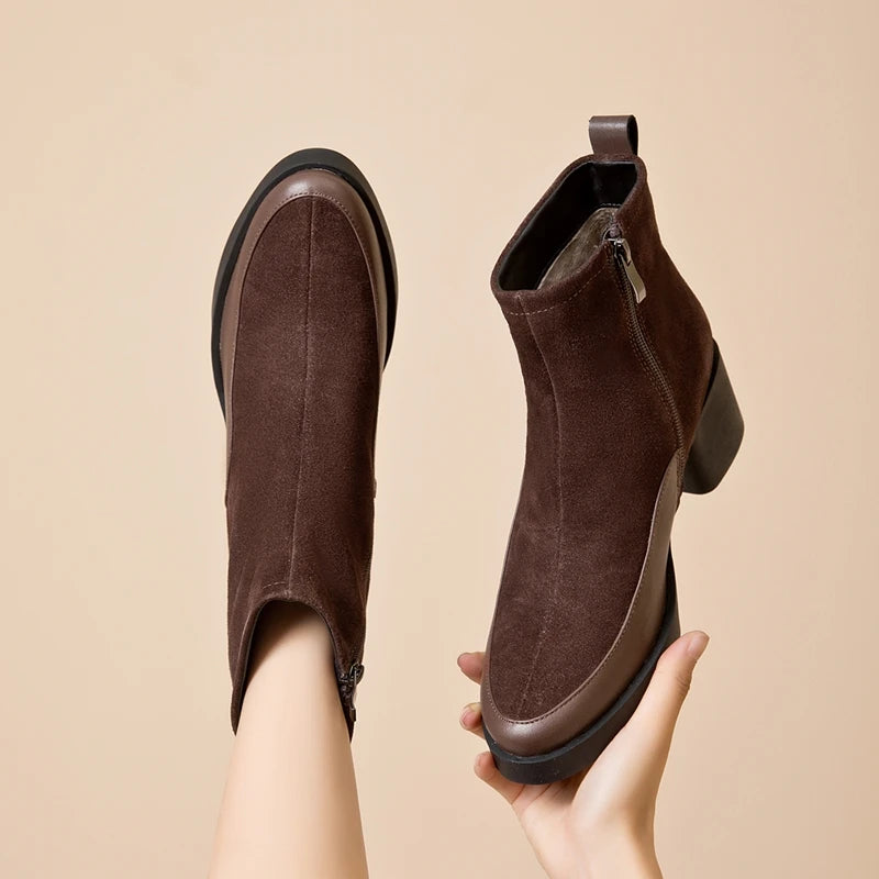 Women Ankle Boots -  Genuine Leather  Square Heels Women Booties - ghoddosh.com