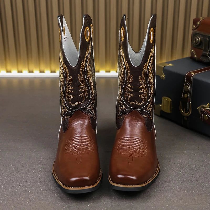 Men’s Knight High-Top  , Square Heels Embroidered Western Cowboy Boots - Ghoddosh