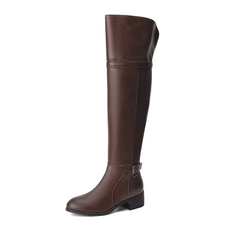 Women's Round Toe Chunky Block Heel Thigh-High Riding Boots with Belt Buckles @ ghoddosh.com