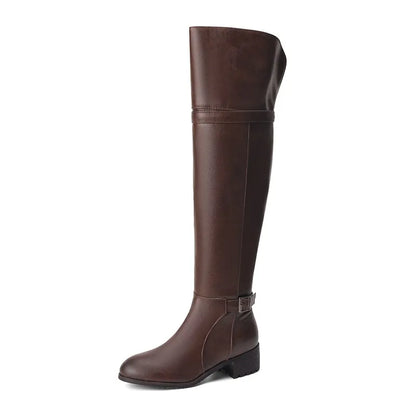 Women's Round Toe Chunky Block Heel Thigh-High Riding Boots with Belt Buckles @ ghoddosh.com