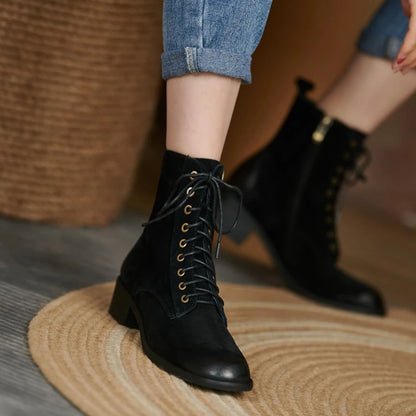 Genuine Leather  Women Retro Lace Ankle Boots for Women - Ghoddosh