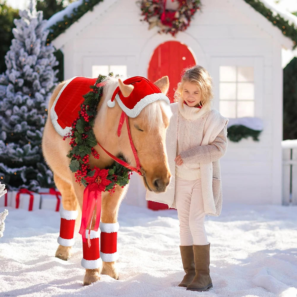 6Pcs Christmas Santa Red Horse Hat & Leg Wraps & Horse Saddle Santa Hat Leg Wraps Western Saddle Pad for Christmas Horses Décor @ghoddosh.com