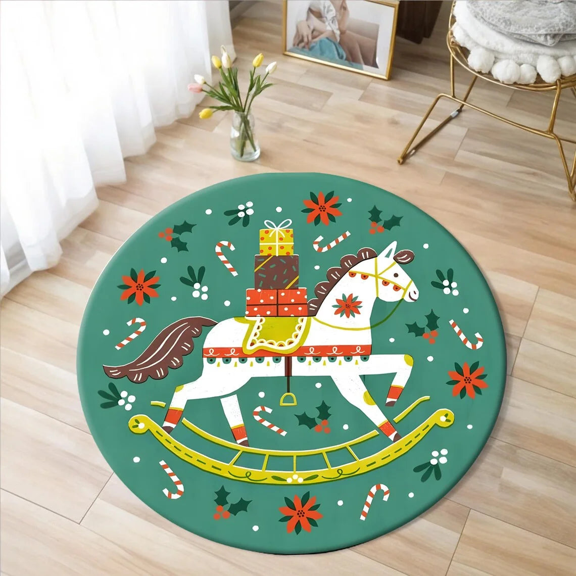 Christmas Horse Printed Circle Carpet - Round  Kids Non-slip Floor Rug @ghoddosh.com