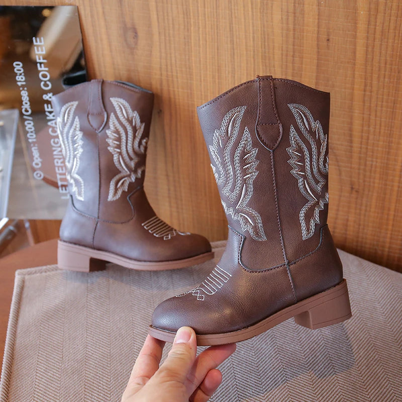Kids Embroidered Western Cowboy Boots – Unisex Tall Pull-On Cowgirl Boots for Boys and Girls @ ghoddosh.com
