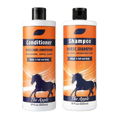 Two bottles  500 ml of horse shampoo and conditioner with orange labels and black horses on a white background.  @ ghoddosh.com