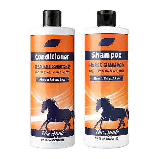 Two bottles  500 ml of horse shampoo and conditioner with orange labels and black horses on a white background.  @ ghoddosh.com