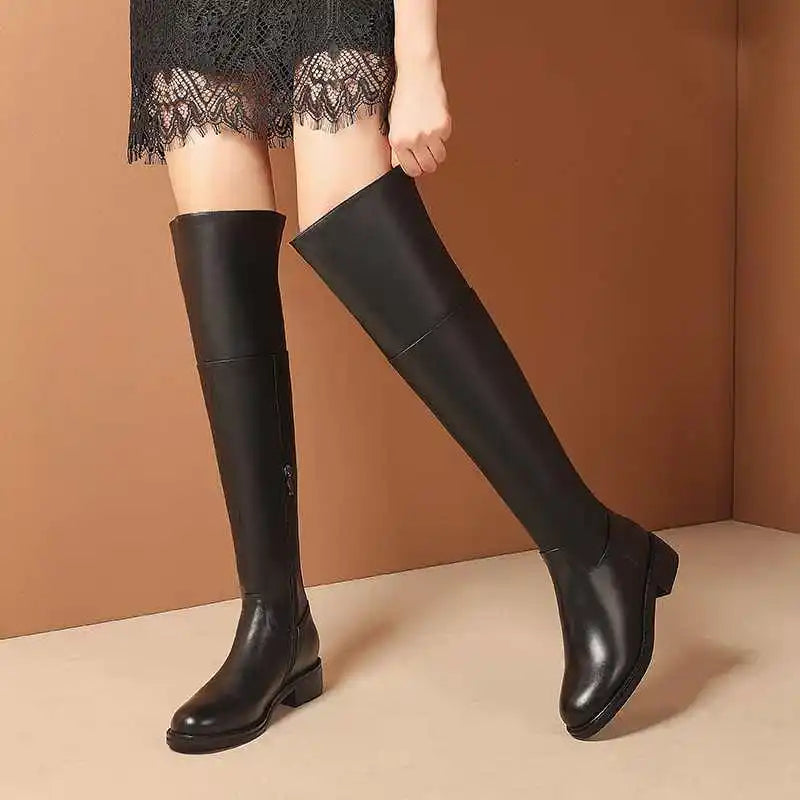 Black Classic Over‑the‑Knee Boots — Cow Leather, Mid Heel, Simple Daily Style - Ghoddosh