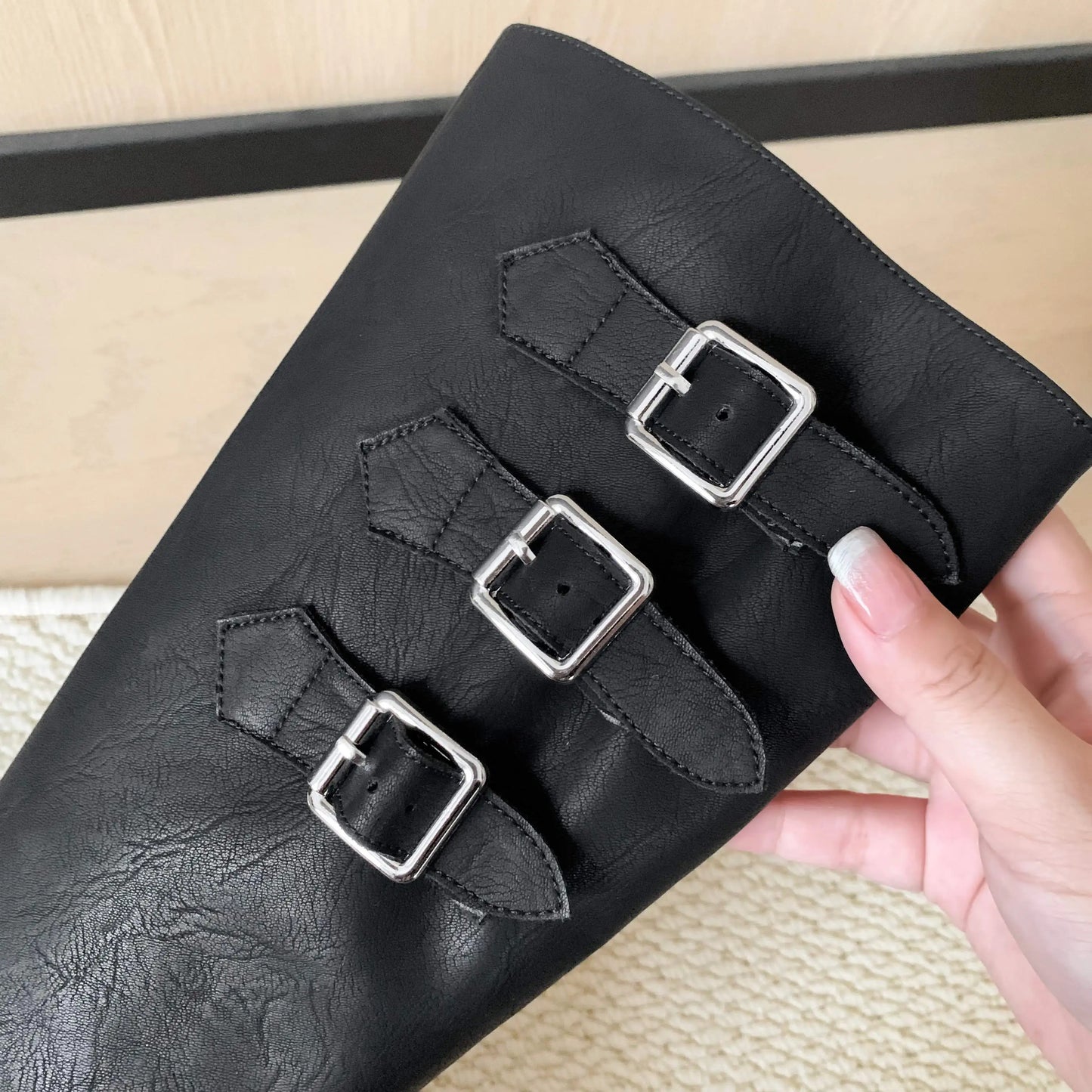 Cowhide Leather Knee-High Riding Boots — Women’s Warm Winter Heels with Belt Buckle - Ghoddosh