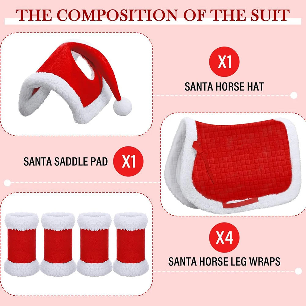 6Pcs Christmas Santa Horse Leg Wraps - Horse  Hat , Saddle Pad with Faux Fur  & Leg Wraps