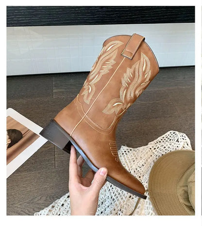 Embroidered brown cowboy boots — square toe and chunky mid-calf heel. - Ghoddosh