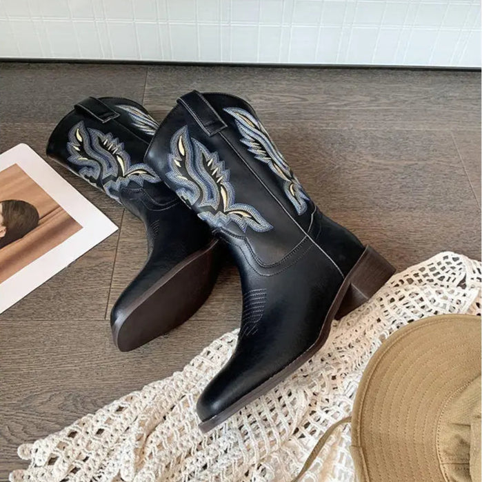 Embroidered brown cowboy boots — square toe and chunky mid-calf heel. - Ghoddosh