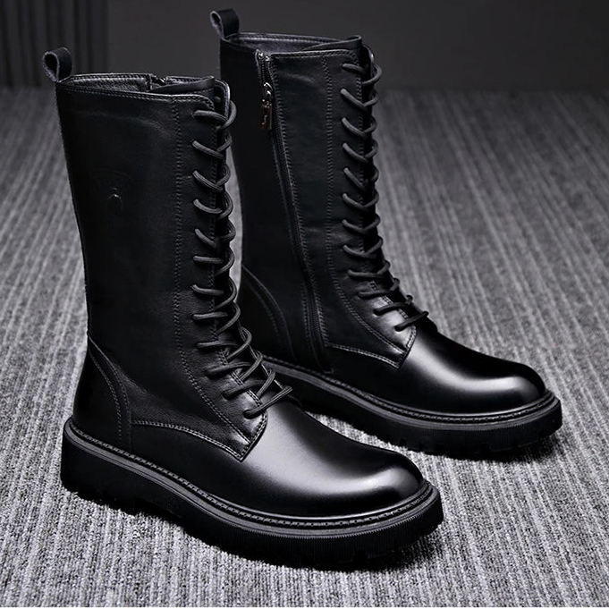 Men's Riding Winter Boots , Genuine Leather Lace Up Extra Long Mongolian High  Knight Ankle Boots@ghoddosh.com