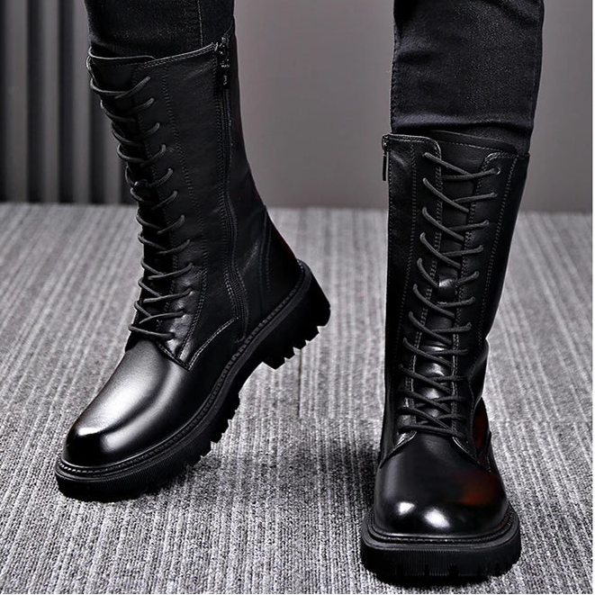 Men's Riding Winter Boots , Genuine Leather Lace Up Extra Long Mongolian High  Knight Ankle Boots@ghoddosh.com