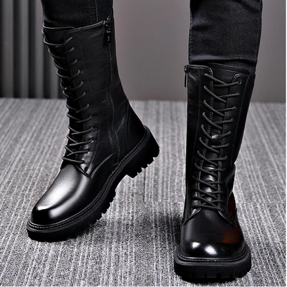 Men's Riding Winter Boots , Genuine Leather Lace Up Extra Long Mongolian High  Knight Ankle Boots@ghoddosh.com