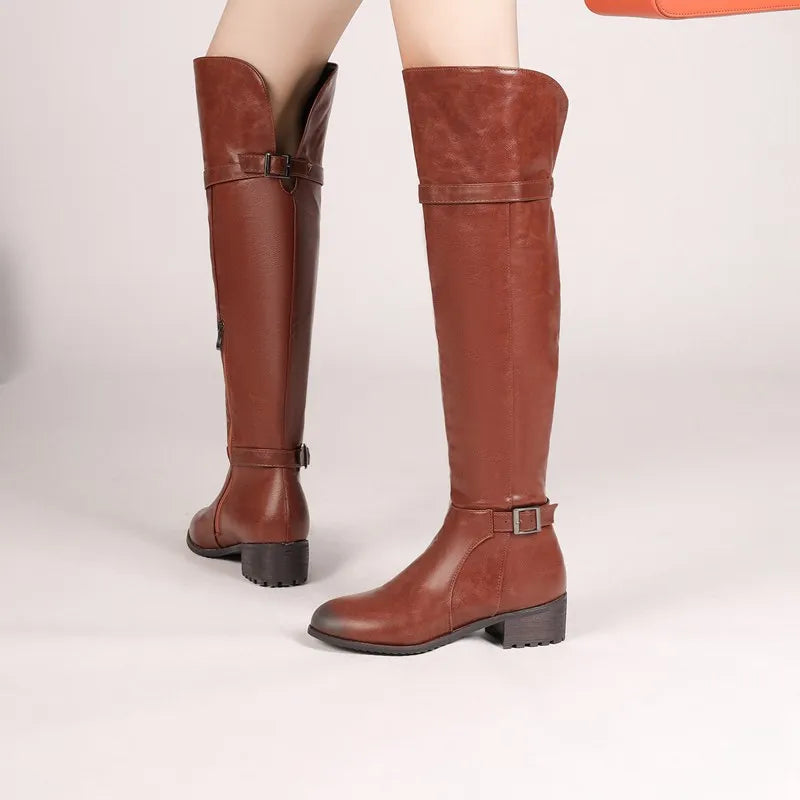 Women's Round Toe Chunky Block Heel Thigh-High Riding Boots with Belt Buckles @ ghoddosh.com
