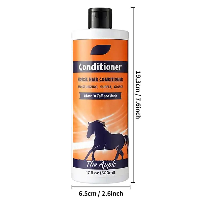 Bottle size chart ,  500 ml of horse shampoo and conditioner with orange labels and black horses on a white background.  @ ghoddosh.com