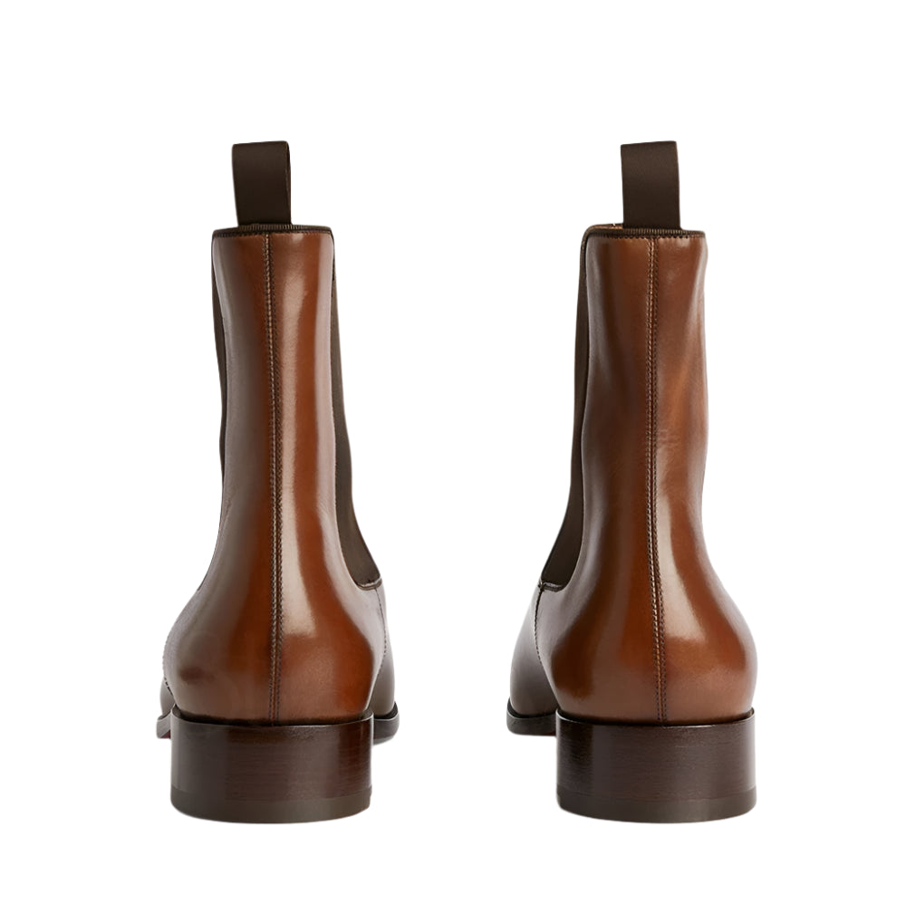 Men's Brown Patent Leather Stretch Boots  Almond Toe Slip-On - Ghoddosh