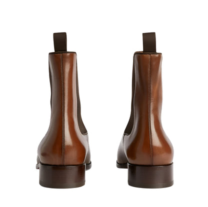 Men's Brown Patent Leather Stretch Boots  Almond Toe Slip-On - Ghoddosh