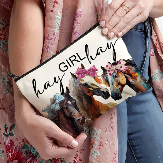 A "Girl's Meadow" Vintage Horse Print Makeup Bag- Multifunctional Zipper Pouch, Jewelry storage bag @ghoddosh.com