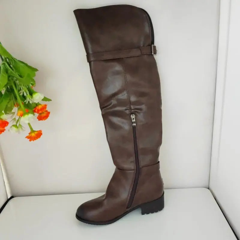Women's Round Toe Chunky Block Heel Thigh-High Riding Boots with Belt Buckles @ ghoddosh.com