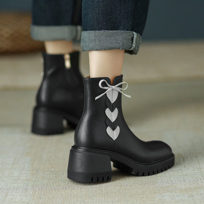 2026 Full Grain Leather , Square Toe , Thick High Heels Retro Fashion  Handmade Bowtie  - with Hearts  - Ghoddosh