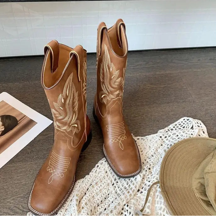 Embroidered brown cowboy boots — square toe and chunky mid-calf heel. - Ghoddosh
