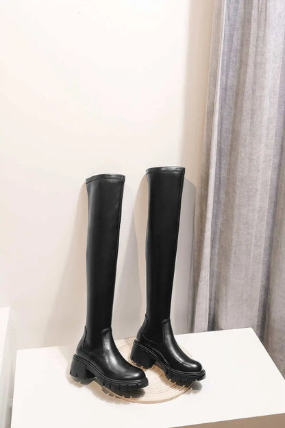 Big Size Cow Leather Stretch Over-the-knee Boots - Ghoddosh