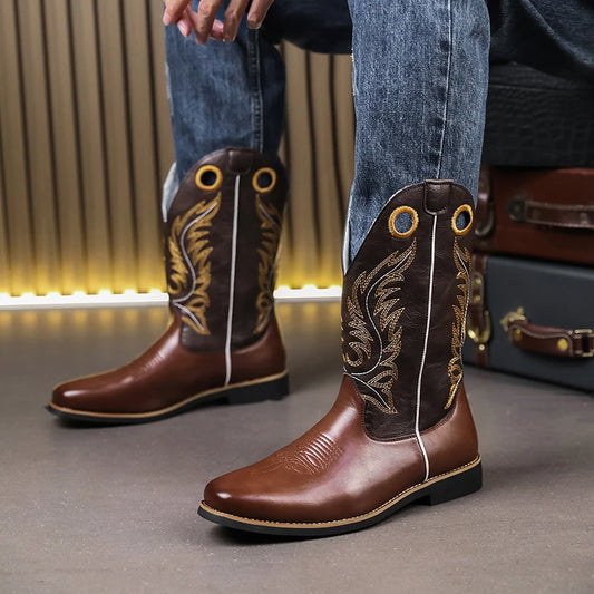 Men’s Knight High-Top  , Square Heels Embroidered Western Cowboy Boots - Ghoddosh