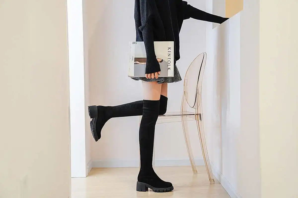 Big Size Cow Leather Stretch Over-the-knee Boots - Ghoddosh