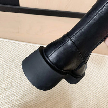 Cowhide Leather Knee-High Riding Boots — Women’s Warm Winter Heels with Belt Buckle - Ghoddosh