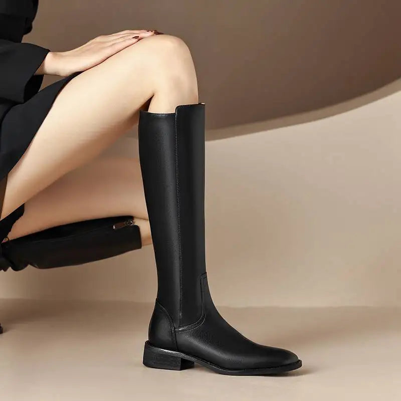 Cow Leather Square Toe Thick Med Heels  Equestrian Boots - ghoddosh.com