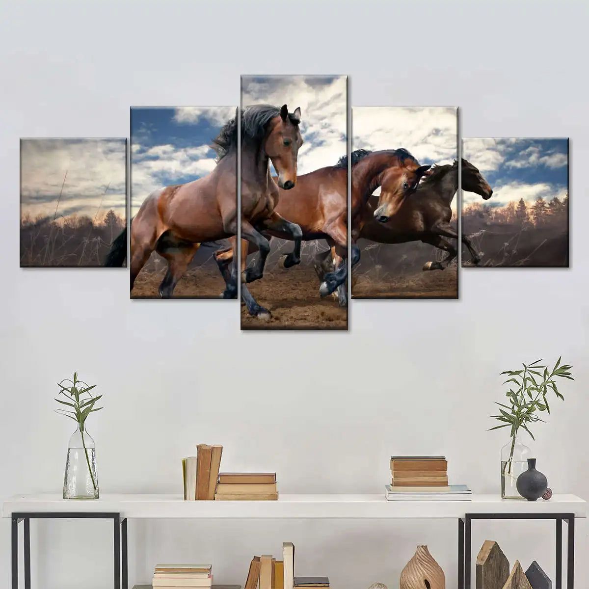 5 Panel Clashing Wild Running Horses Wall Art  Canvas Décor