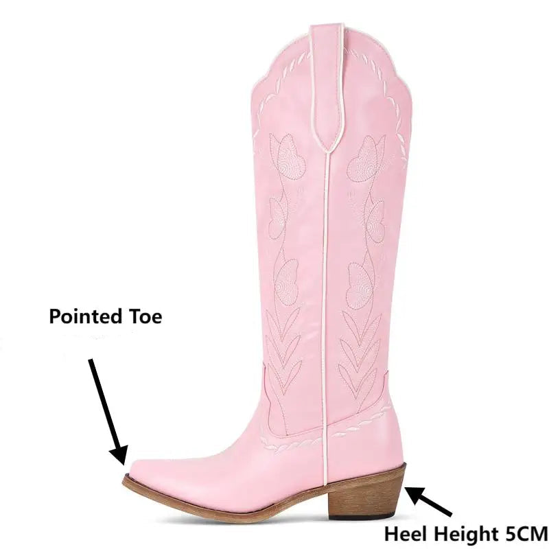Women's Pink Knee-High Cowgirl Boots  Chunky Mid-Heel Pull-On Western Booties