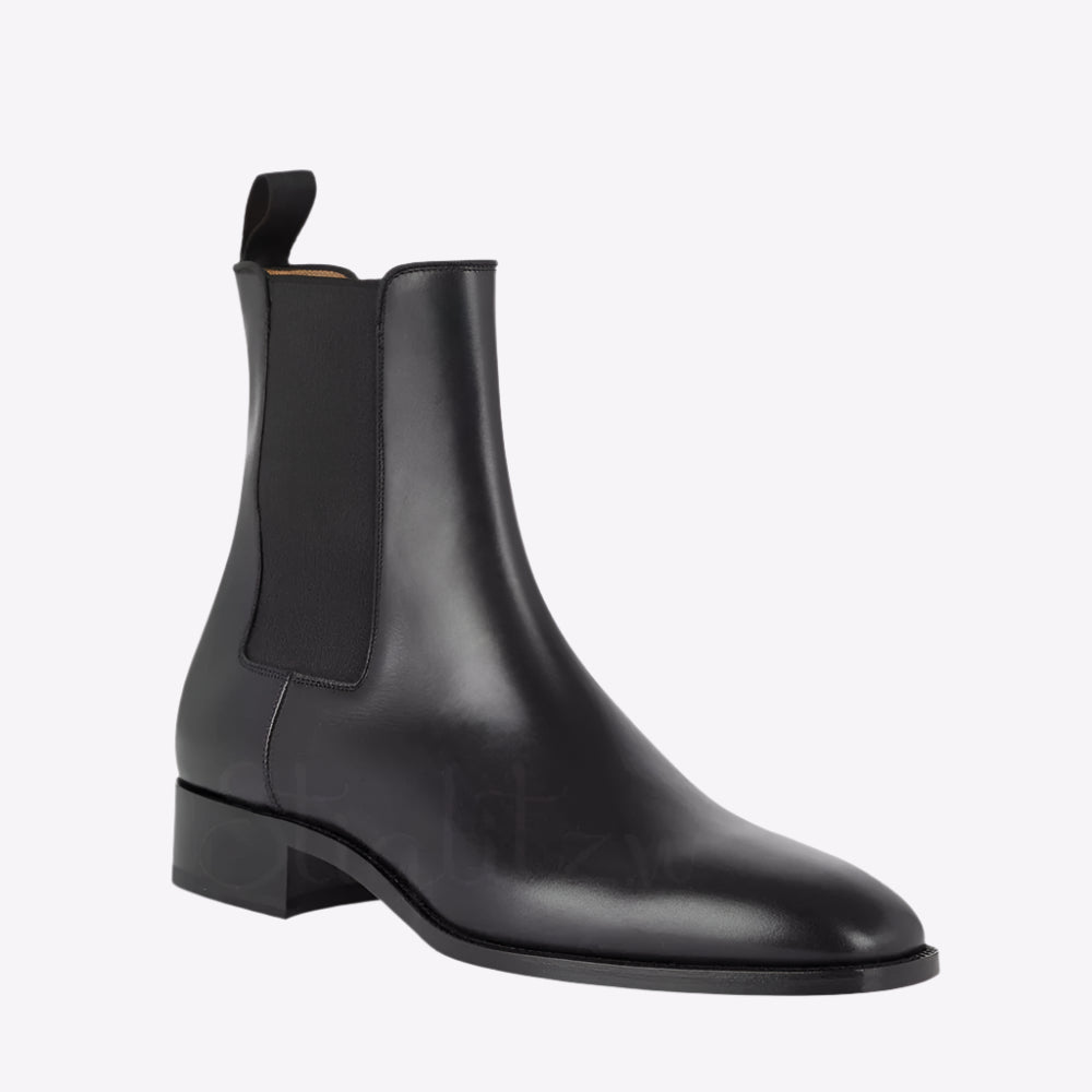 Men's Black Patent Leather Stretch Boots  Almond Toe Slip-On - Ghoddosh