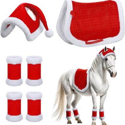 6Pcs Christmas Santa Horse Leg Wraps - Horse  Hat , Saddle Pad with Faux Fur  & Leg Wraps
