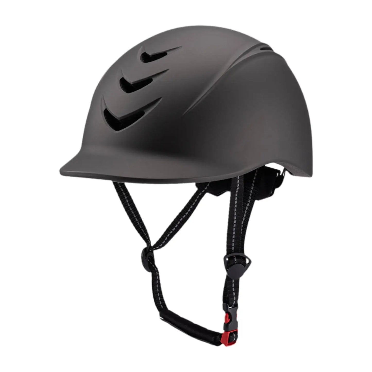 Gray helmet with a black strap on a white background