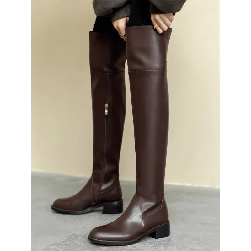 Women  Brown Leather over The Knee High Boots  @ ghoddosh.com