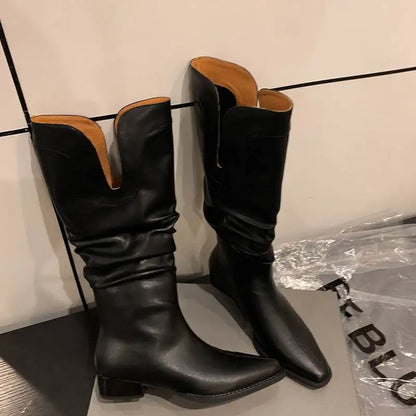 2026 New Cow Leather Round Toe Low Heels Winter Warm Riding Knee Boots  - ghoddosh.com