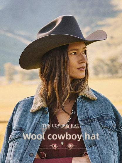 Unisex 100% Wool Cowboy Fedora Hat – Wide Brim Rolled Edge with Belt Buckle @ ghoddosh.com