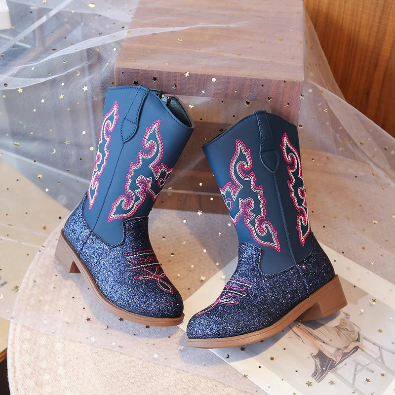 Kids Embroidered Western Cowboy Boots – Unisex Tall Pull-On Cowgirl Boots for Boys and Girls @ ghoddosh.com