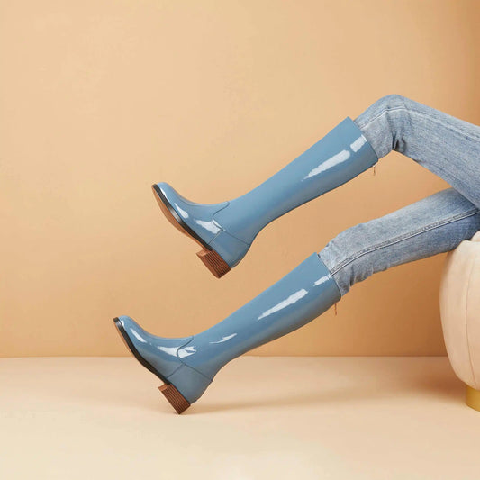 2026 New Arrival  Riding Boots - Cow Patent Leather Round Toe Med Heel Fashion Boots - ghoddosh.com 