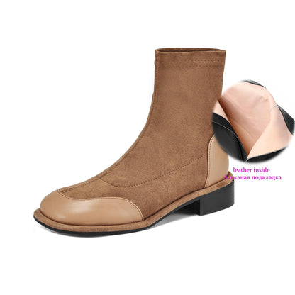 Microfiber Low Heels Modern Chelsea Motorcycle Boots Casual Winter Autumn Vintage Women Elastic Ankle Boots - Ghoddosh 