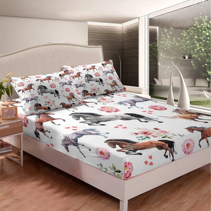 Horse Fitted Sheets ,Twin Size  Cute Horse  Bedding Set  with Pink Love Hearts Décor @ ghoddosh.com
