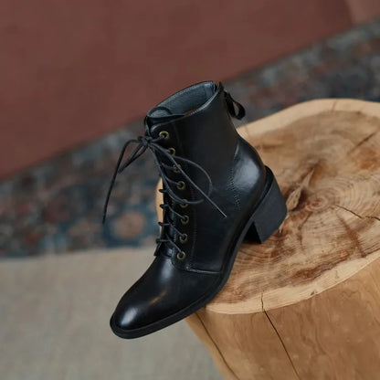 New  Split Leather Women  Round Toe  Chunky Heels Boots - Ghoddosh