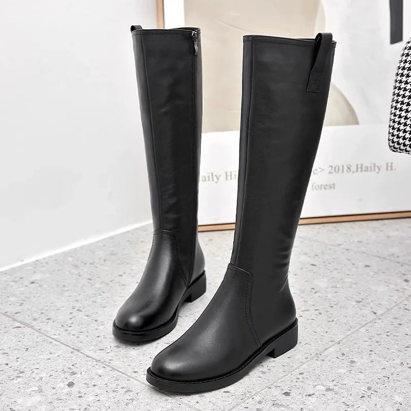 Equestrian Genuine Leather Long Flat Boots - Women's Horse Riding Knee High Boots @ ghoddosh.com